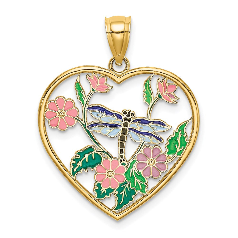 14k Yellow Gold Enamel Dragonfly and Flower in Heart Charm