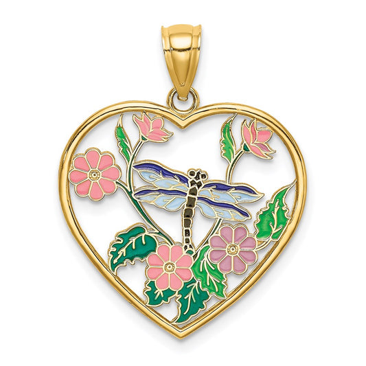 14k Yellow Gold Enamel Dragonfly and Flower in Heart Charm