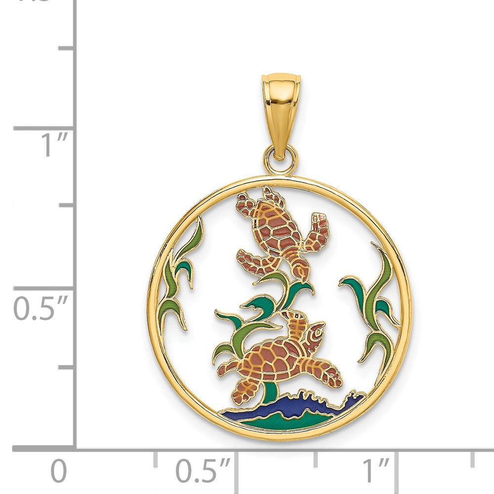 14k Yellow Gold Enamel Sea Turtles In Circle Charm