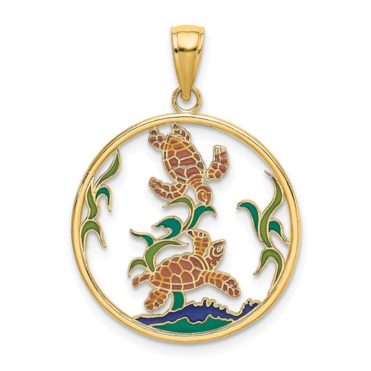 14k Yellow Gold Enamel Sea Turtles In Circle Charm