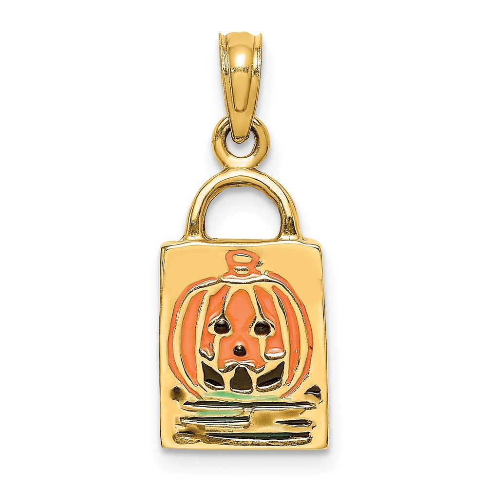 14k Yellow Gold 3-D Enameled Jack-o-Lantern Trick or Treat Bag Charm