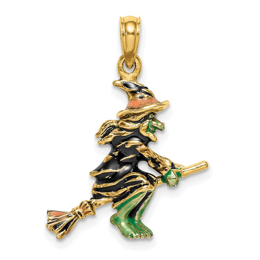 14k Yellow Gold 3-D Enameled Witch Flying on Broom Charm