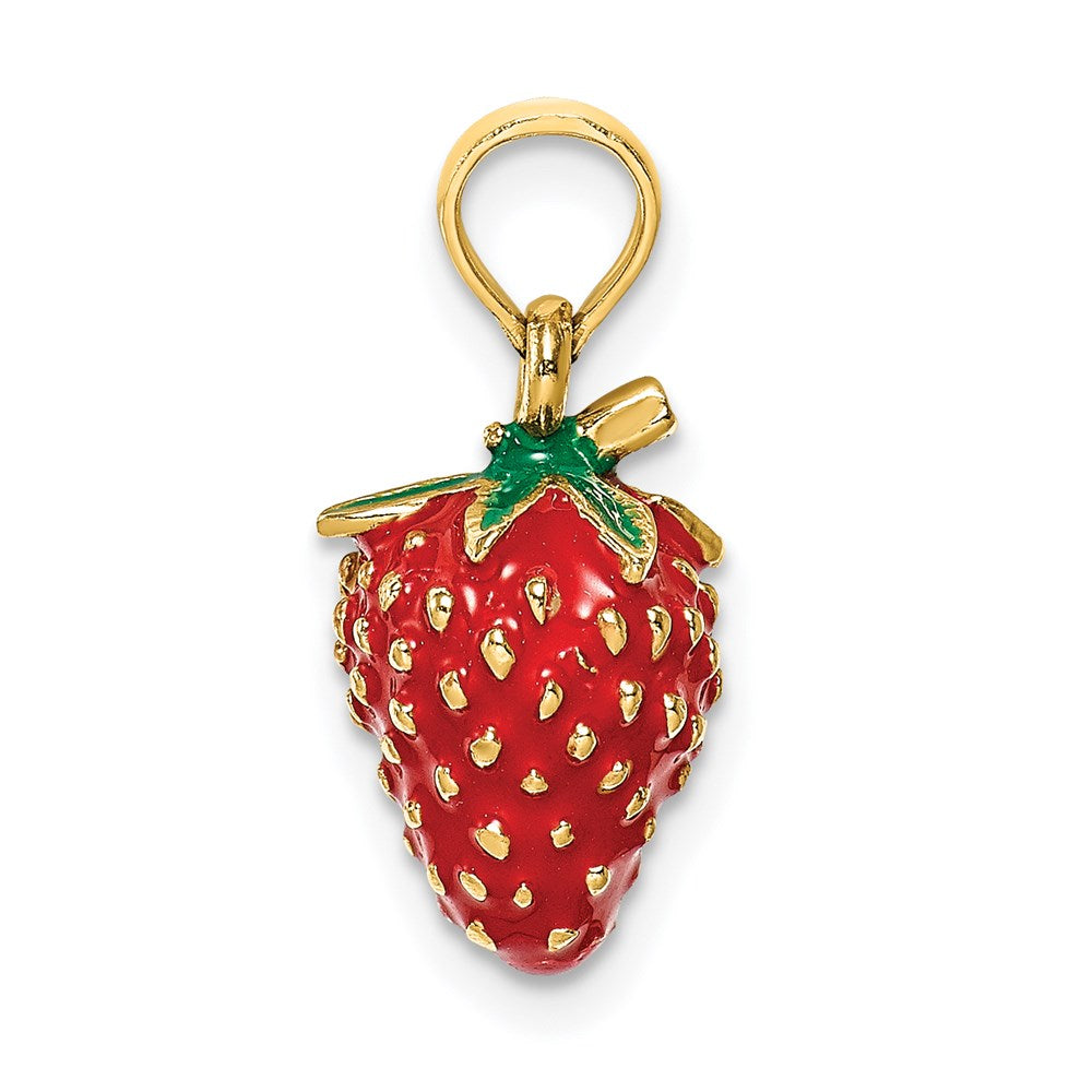 14k Yellow Gold W/ Enamel 3-D Strawberry and Leaf Charm