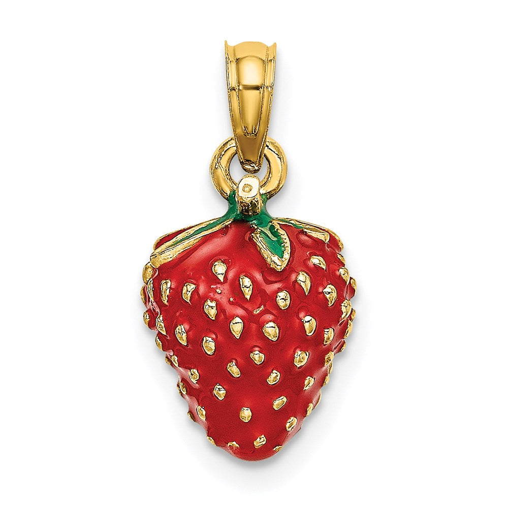 14k Yellow Gold W/ Enamel 3-D Strawberry and Leaf Charm