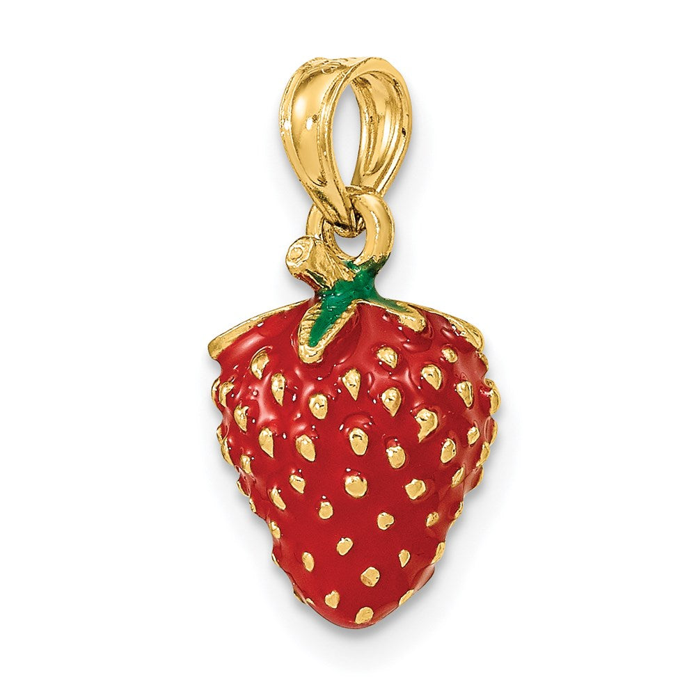 14k Yellow Gold W/ Enamel 3-D Strawberry and Leaf Charm