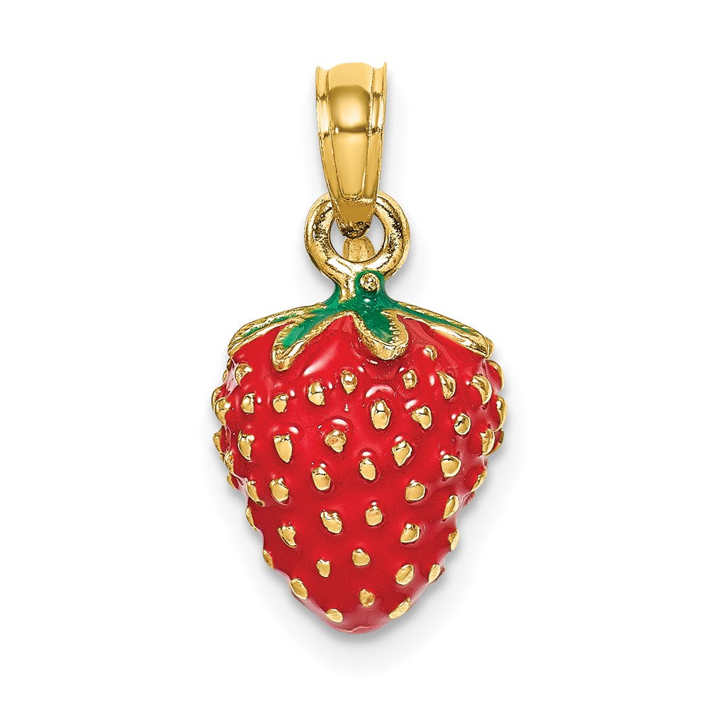 14k Yellow Gold W/ Enamel 3-D Strawberry and Leaf Charm