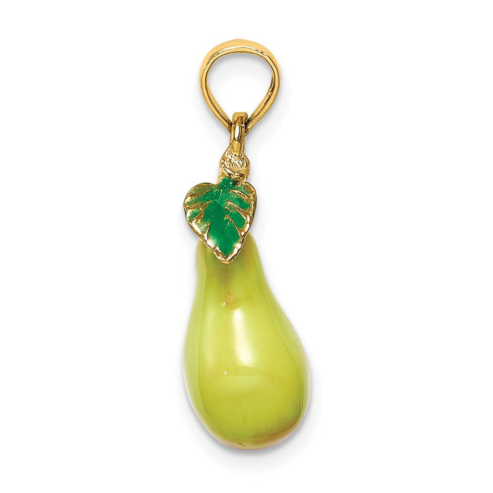 14k Yellow Gold W/ Enamel 3-D Pear With Stem and Leaf Charm