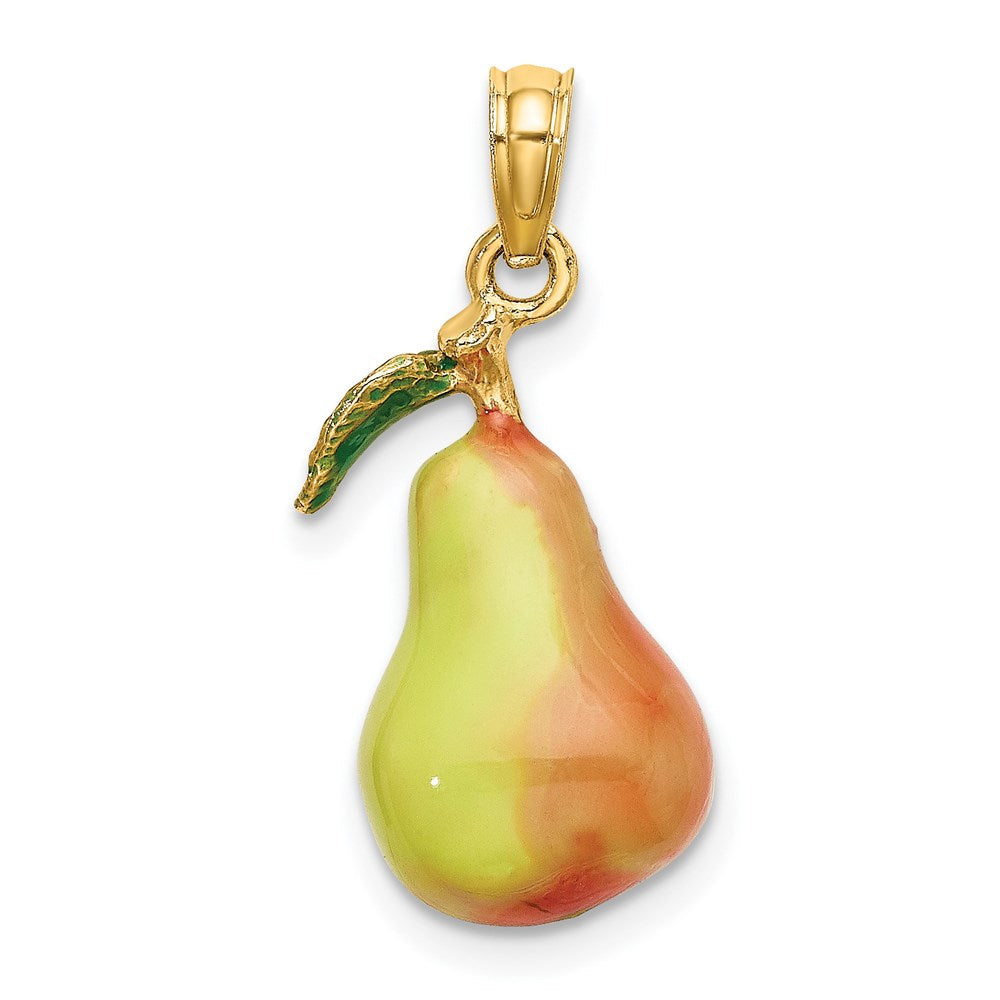 14k Yellow Gold W/ Enamel 3-D Pear With Stem and Leaf Charm