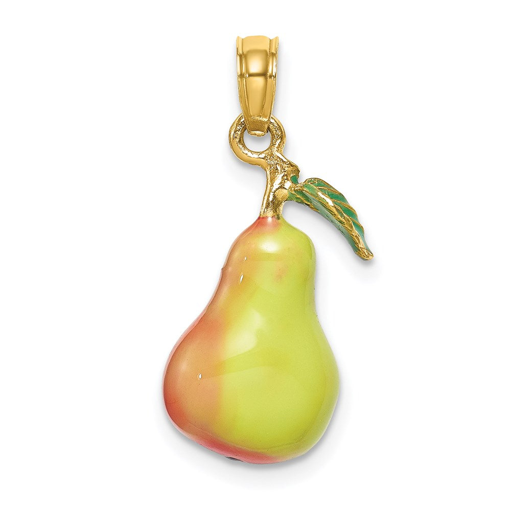 14k Yellow Gold W/ Enamel 3-D Pear With Stem and Leaf Charm