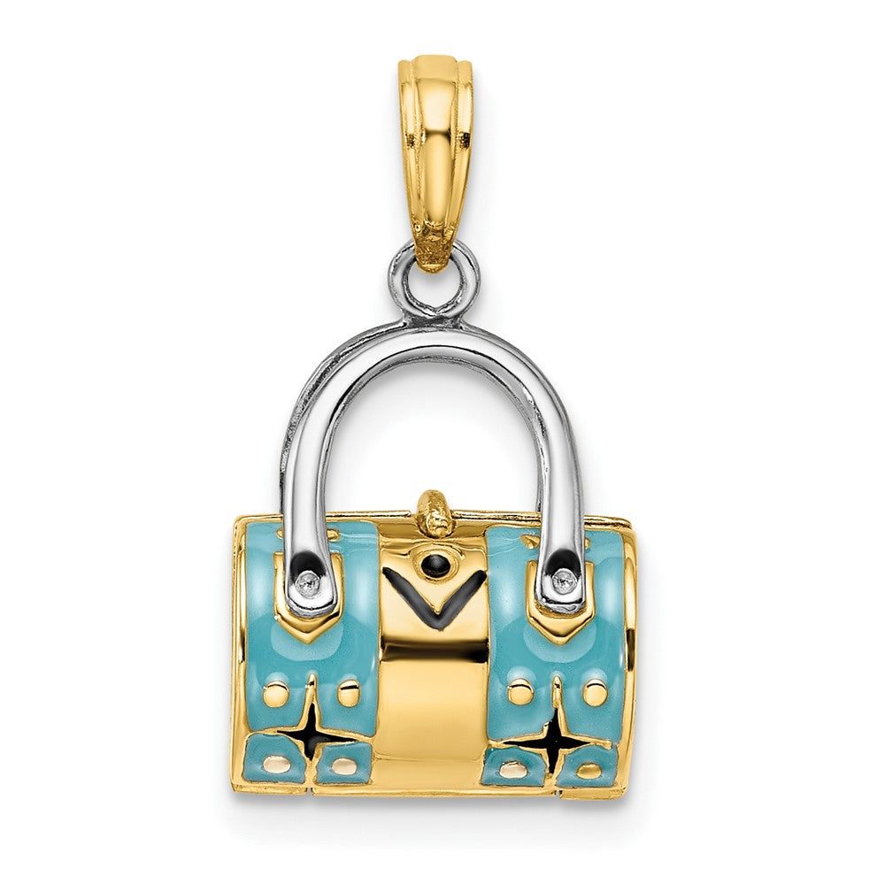 14k Yellow & Rhodium Gold & Rhodium 3-D Teal Enameled Opens Duffle/Purse Charm