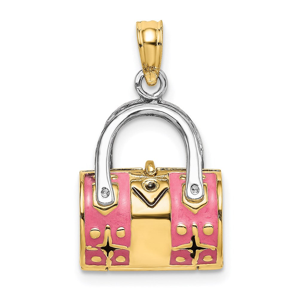 14k Yellow & Rhodium Gold & Rhodium 3-D Pink Enameled Handbag Opens Charm