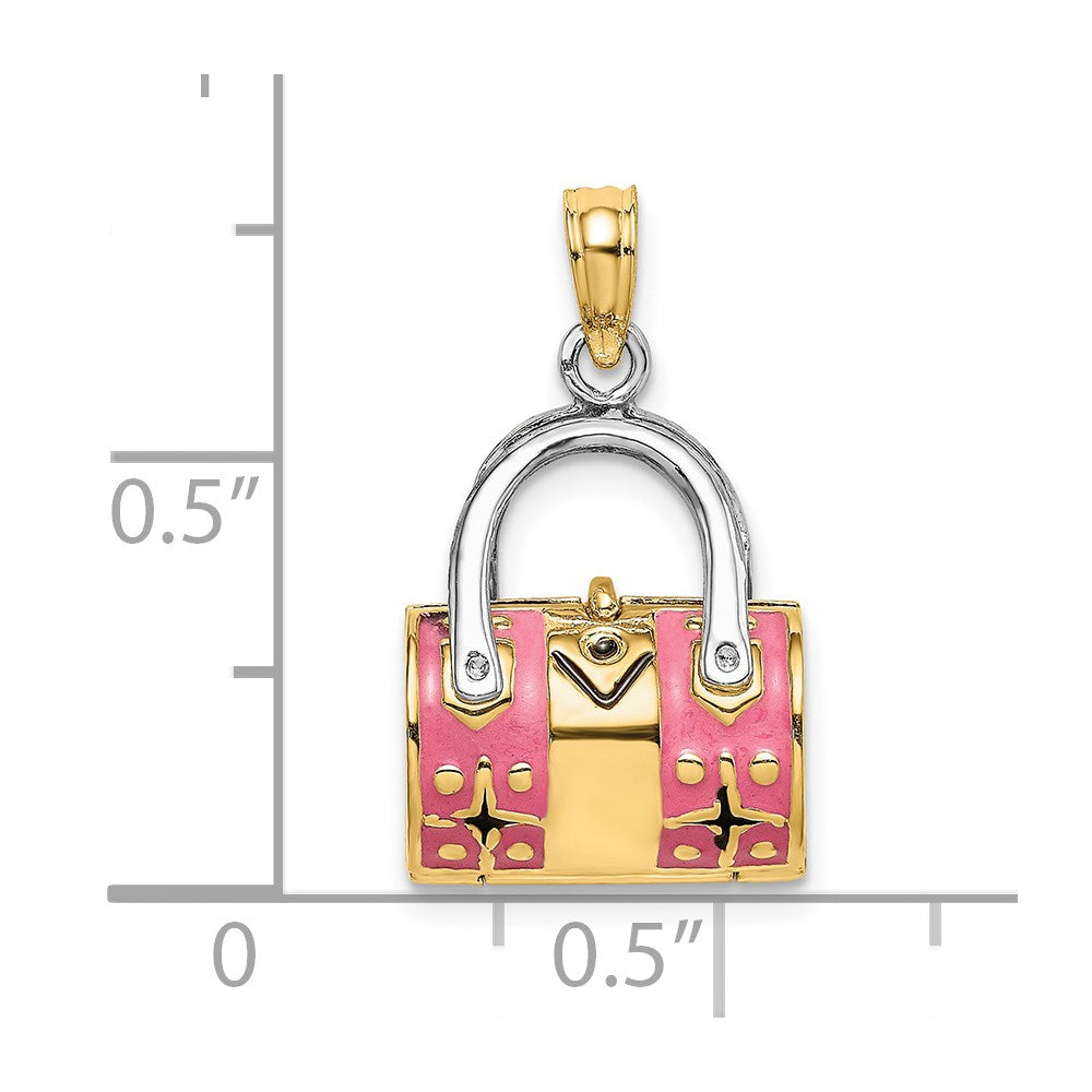 14k Yellow & Rhodium Gold & Rhodium 3-D Pink Enameled Handbag Opens Charm