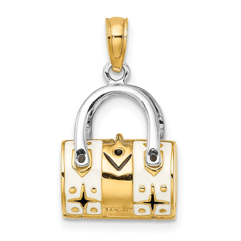 14k Yellow & Rhodium Gold & Rhodium 3-D White Enameled Handbag Opens Charm