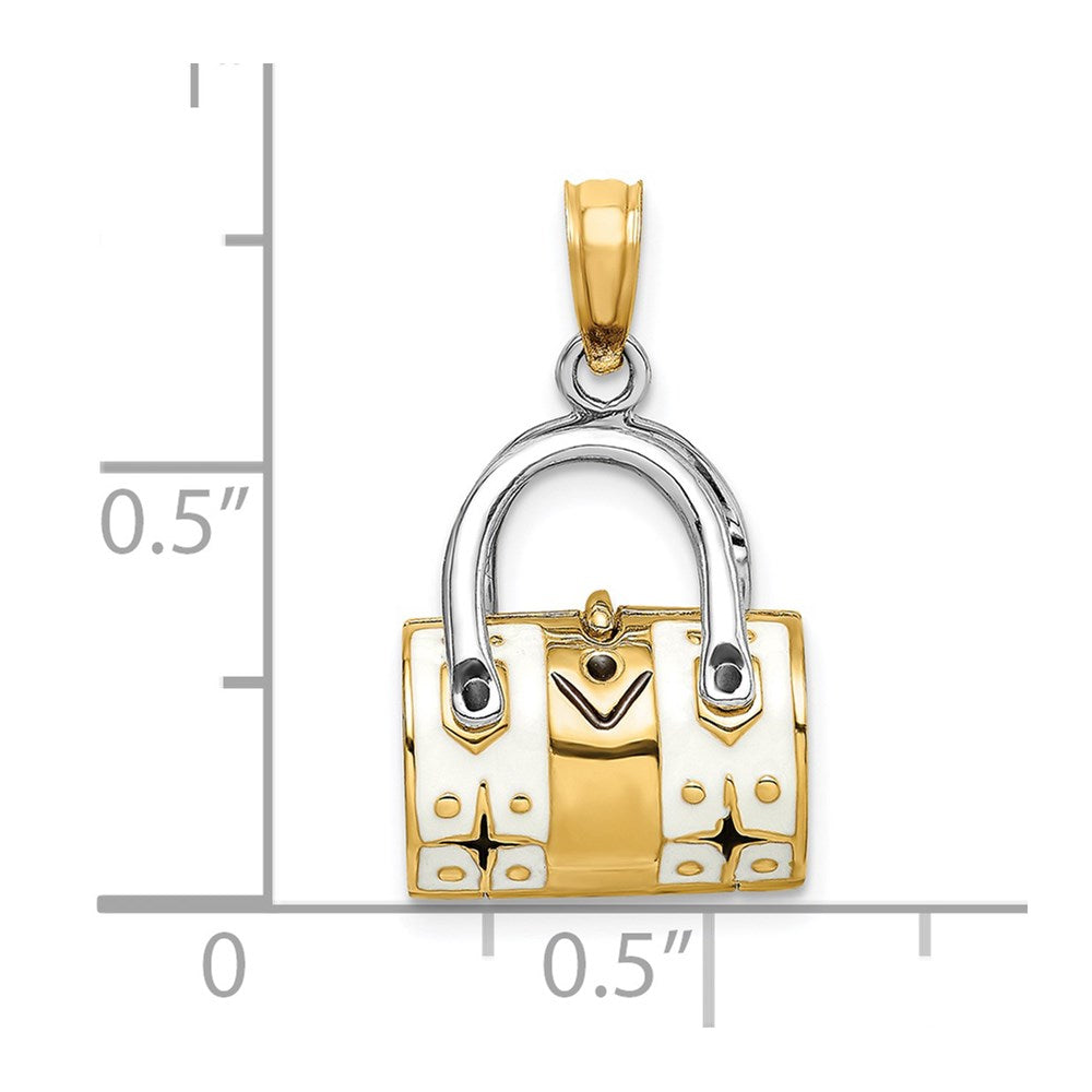 14k Yellow & Rhodium Gold & Rhodium 3-D White Enameled Handbag Opens Charm