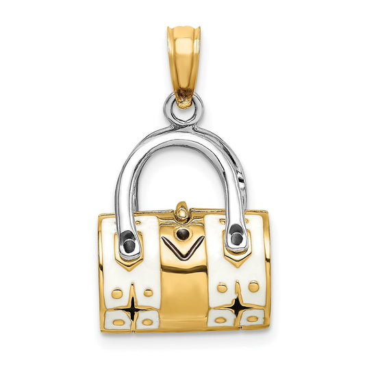 14k Yellow & Rhodium Gold & Rhodium 3-D White Enameled Handbag Opens Charm