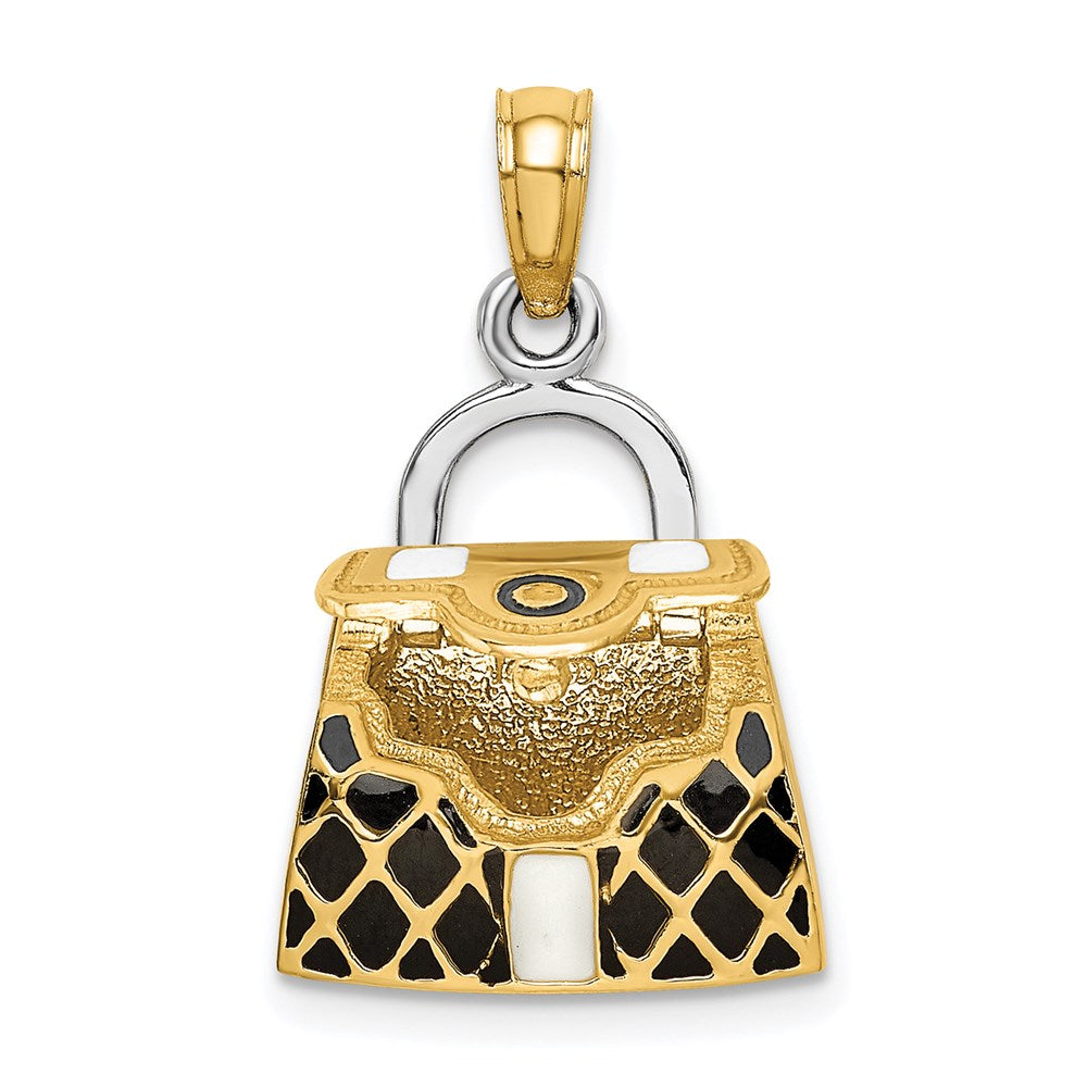 14k Yellow & Rhodium Gold & Rhodium 3-D w/Black and White Enamel Opens Handbag Charm