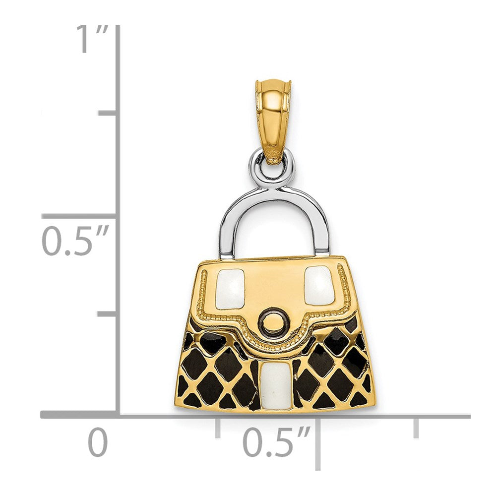 14k Yellow & Rhodium Gold & Rhodium 3-D w/Black and White Enamel Opens Handbag Charm