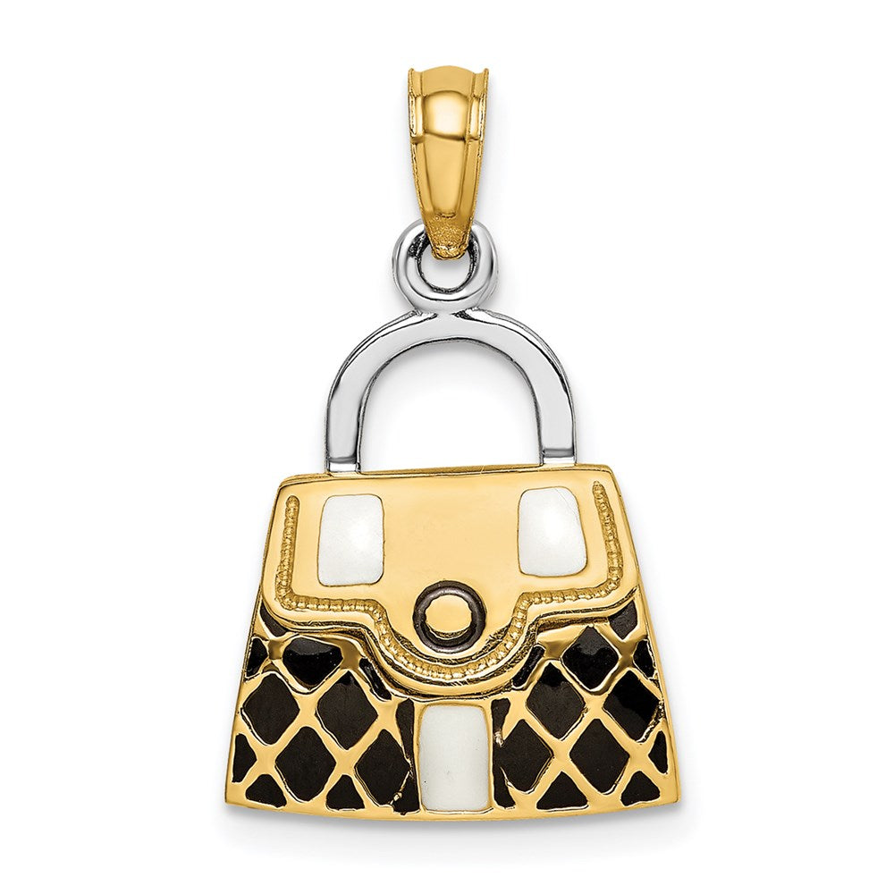 14k Yellow & Rhodium Gold & Rhodium 3-D w/Black and White Enamel Opens Handbag Charm