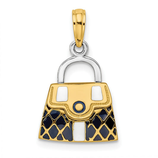 14k Yellow & Rhodium Gold & Rhodium 3-D Black Opens Quilted Handbag Charm