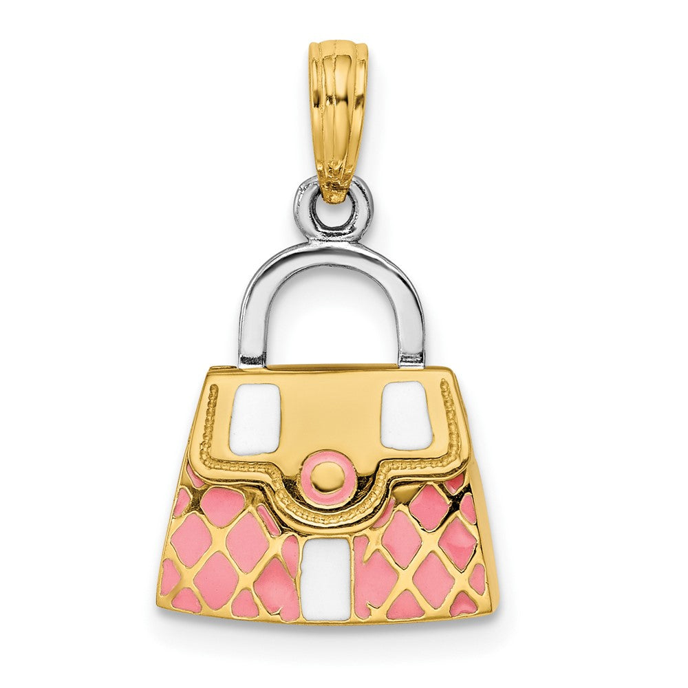 14k Yellow & Rhodium Gold & Rhodium 3-D Pink Opens Quilted Handbag Charm