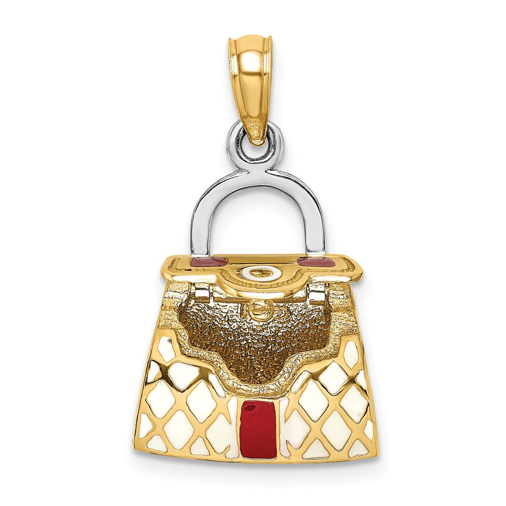 14k Yellow & Rhodium Gold 3-D w/Red and White Enamel Opens Handbag Charm