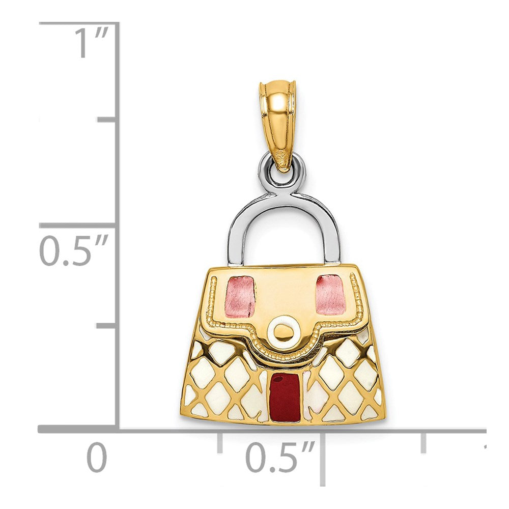 14k Yellow & Rhodium Gold 3-D w/Red and White Enamel Opens Handbag Charm