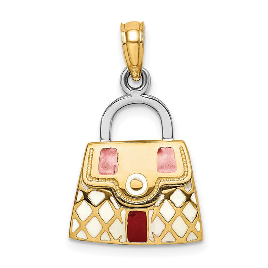 14k Yellow & Rhodium Gold 3-D w/Red and White Enamel Opens Handbag Charm