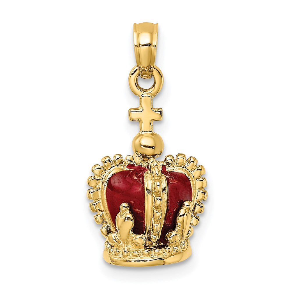 14k Yellow Gold 3-D w/ Red Enamel Inside Crown w/ Cross On top Charm