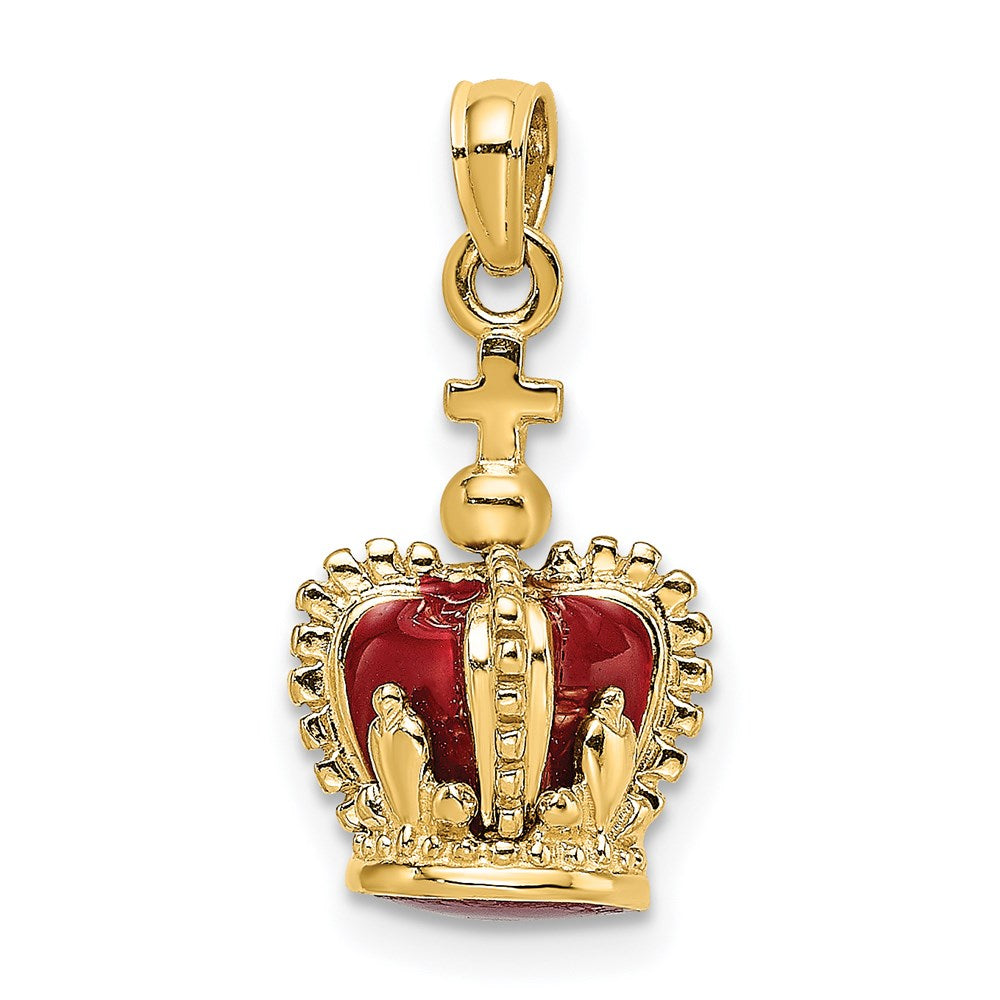 14k Yellow Gold 3-D w/ Red Enamel Inside Crown w/ Cross On top Charm