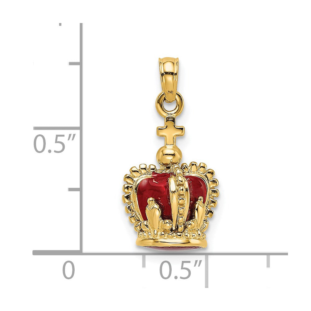 14k Yellow Gold 3-D w/ Red Enamel Inside Crown w/ Cross On top Charm