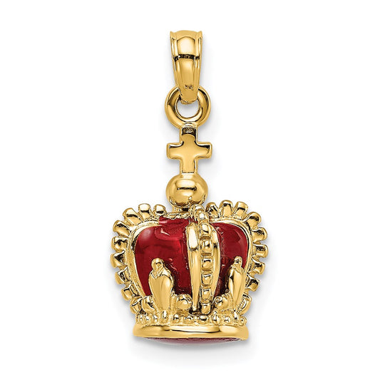 14k Yellow Gold 3-D w/ Red Enamel Inside Crown w/ Cross On top Charm