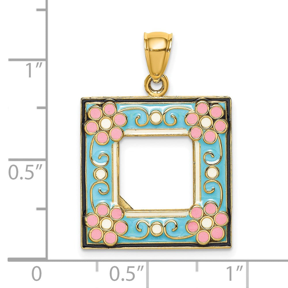 14k Yellow Gold w/ Enamel Aqua Floral Picture Frame Charm