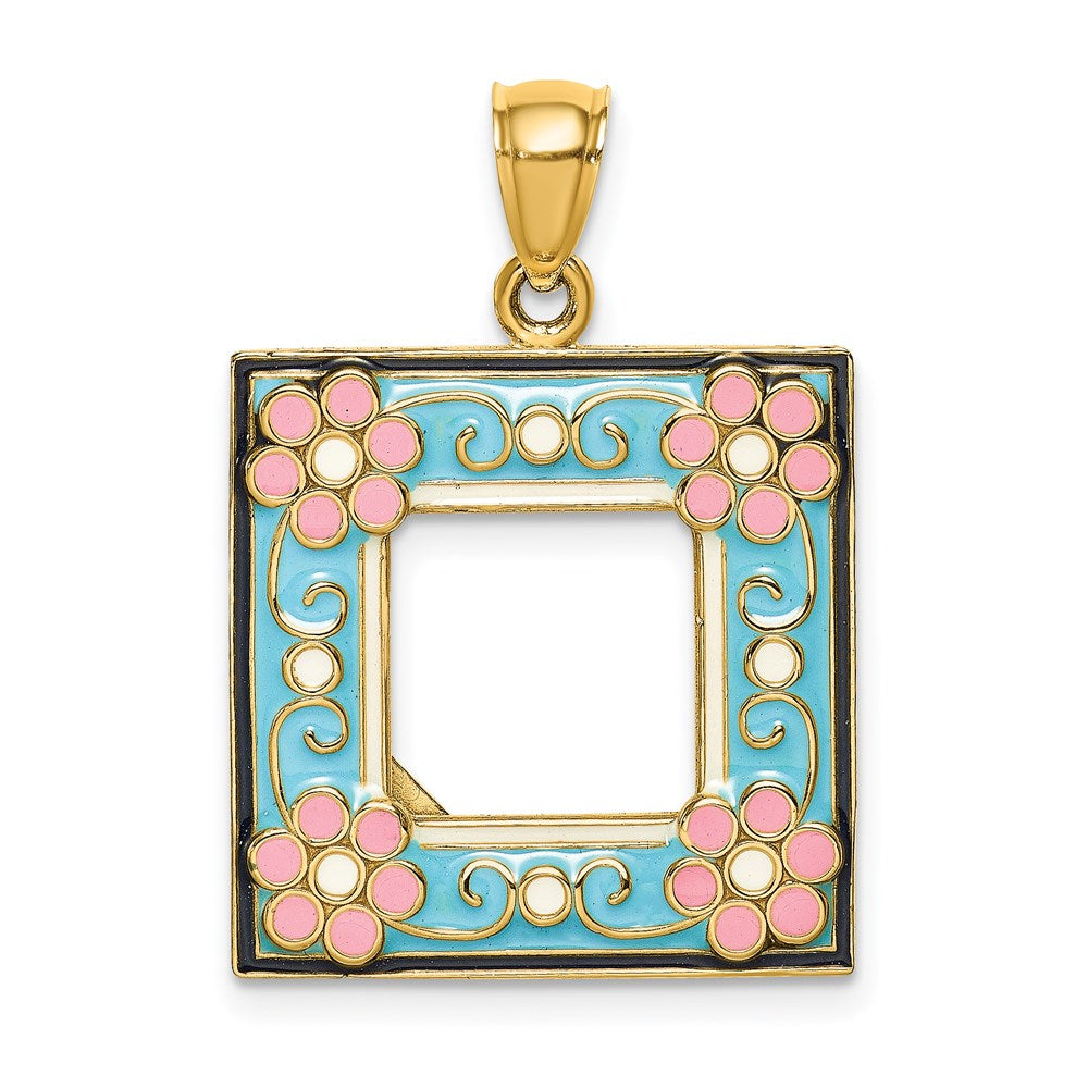 14k Yellow Gold w/ Enamel Aqua Floral Picture Frame Charm