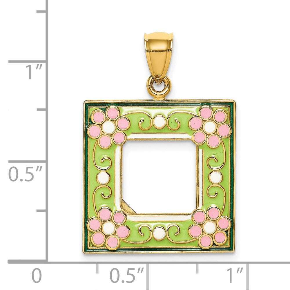 14k Yellow Gold w/ Enamel Green Floral Picture Frame Charm