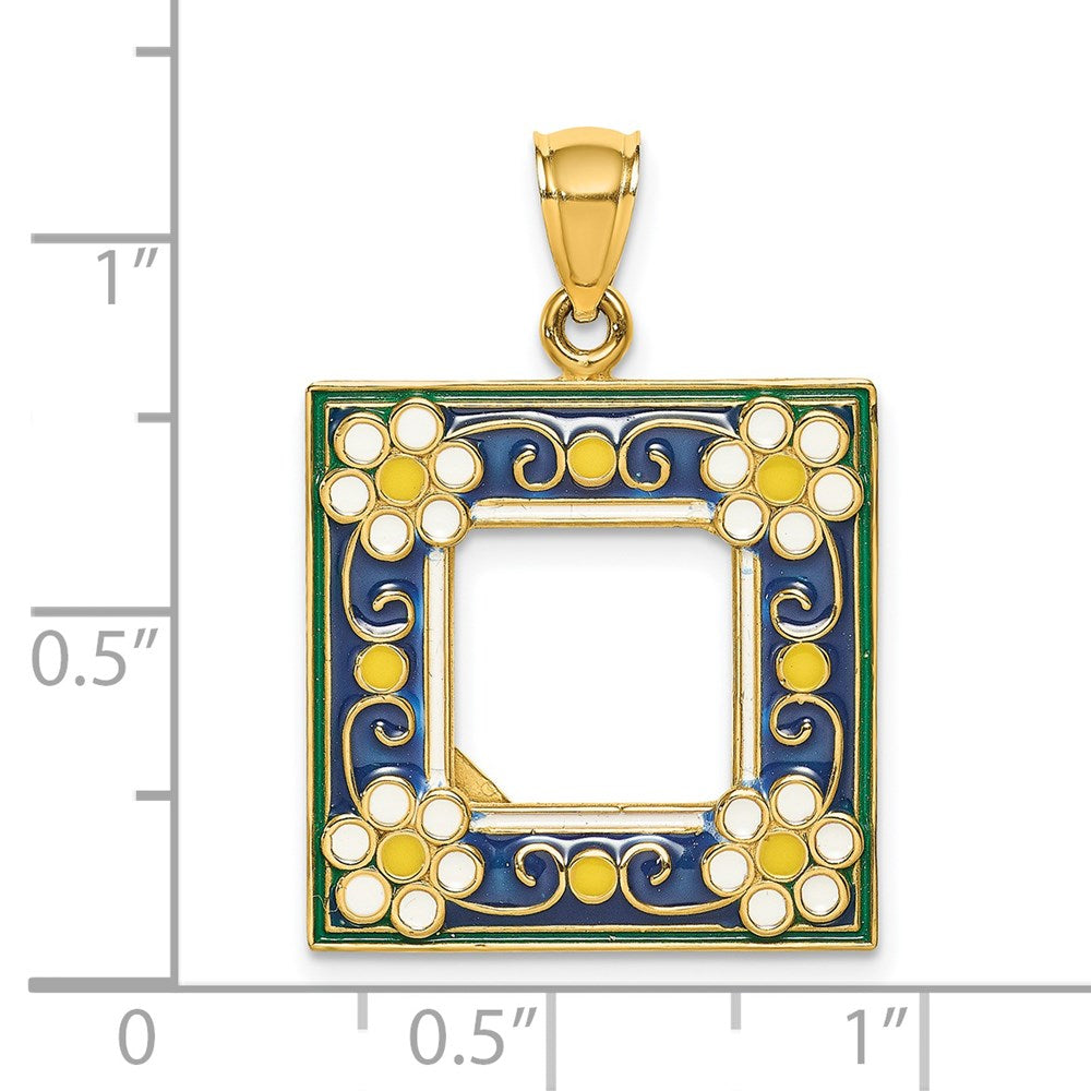 14k Yellow Gold w/ Enamel Navy Floral Picture Frame Charm