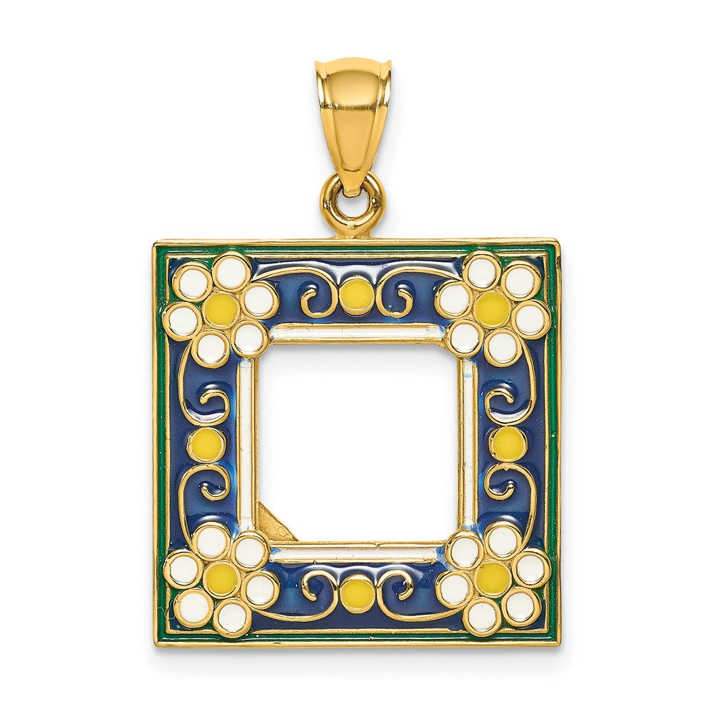 14k Yellow Gold w/ Enamel Navy Floral Picture Frame Charm