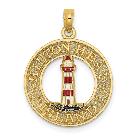 14k Yellow Gold HILTON HEAD Enamel Lighthouse Circle Charm