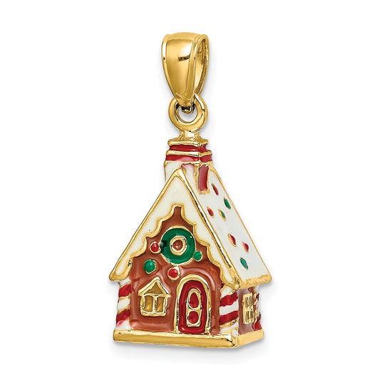 14k Yellow Gold 3-D Enamel Gingerbread House Charm