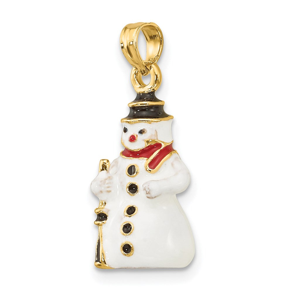 14k Yellow Gold 3-D Enamel Snowman Holding Broom Charm