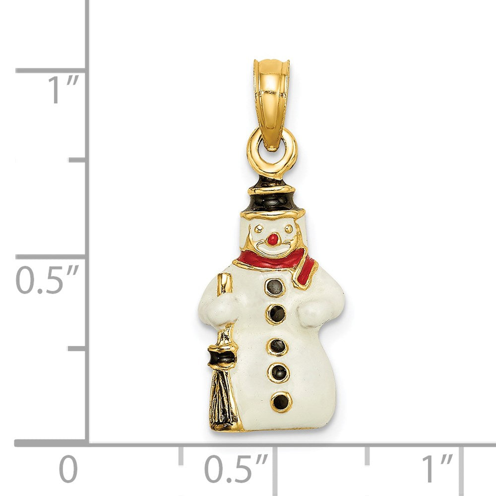 14k Yellow Gold 3-D Enamel Snowman Holding Broom Charm