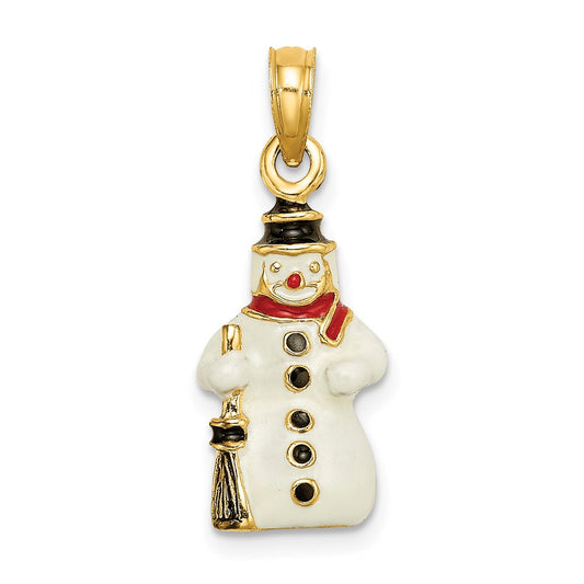 14k Yellow Gold 3-D Enamel Snowman Holding Broom Charm