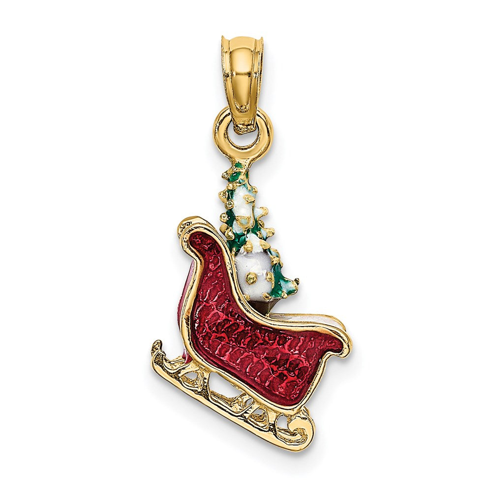 14k Yellow Gold 3-D Enamel Sleigh w/Christmas Tree Charm