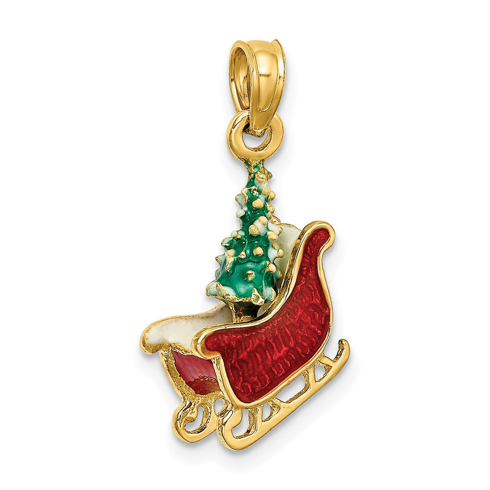 14k Yellow Gold 3-D Enamel Sleigh w/Christmas Tree Charm