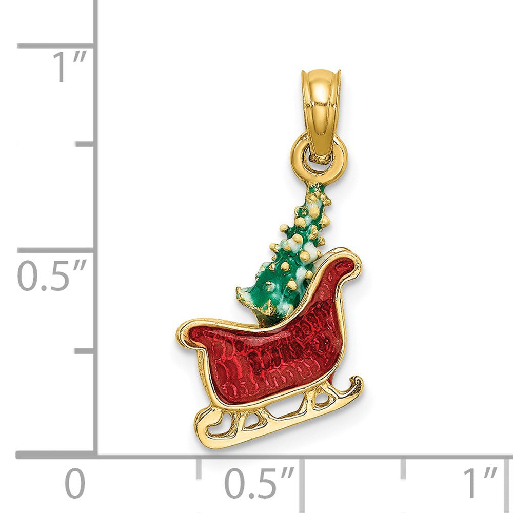 14k Yellow Gold 3-D Enamel Sleigh w/Christmas Tree Charm