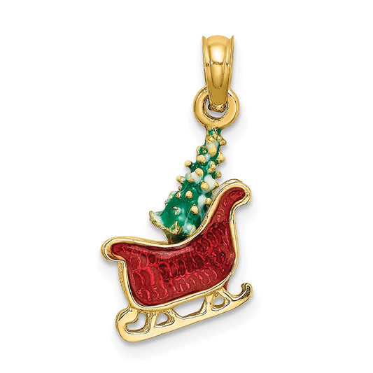 14k Yellow Gold 3-D Enamel Sleigh w/Christmas Tree Charm