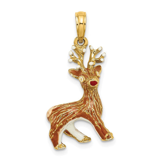 14k Yellow Gold 3-D Enamel Red Nosed Reindeer Charm