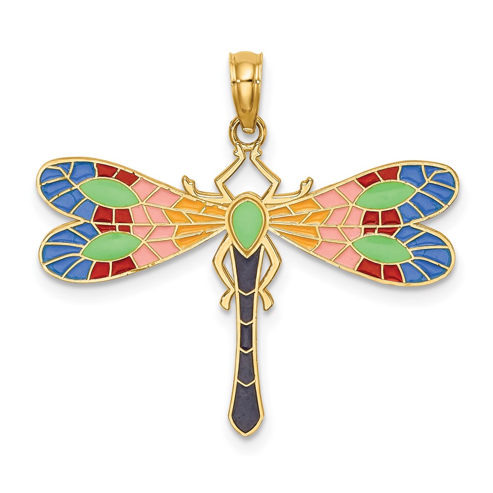 14k Yellow Gold Multi Color Enamel Dragonfly Charm