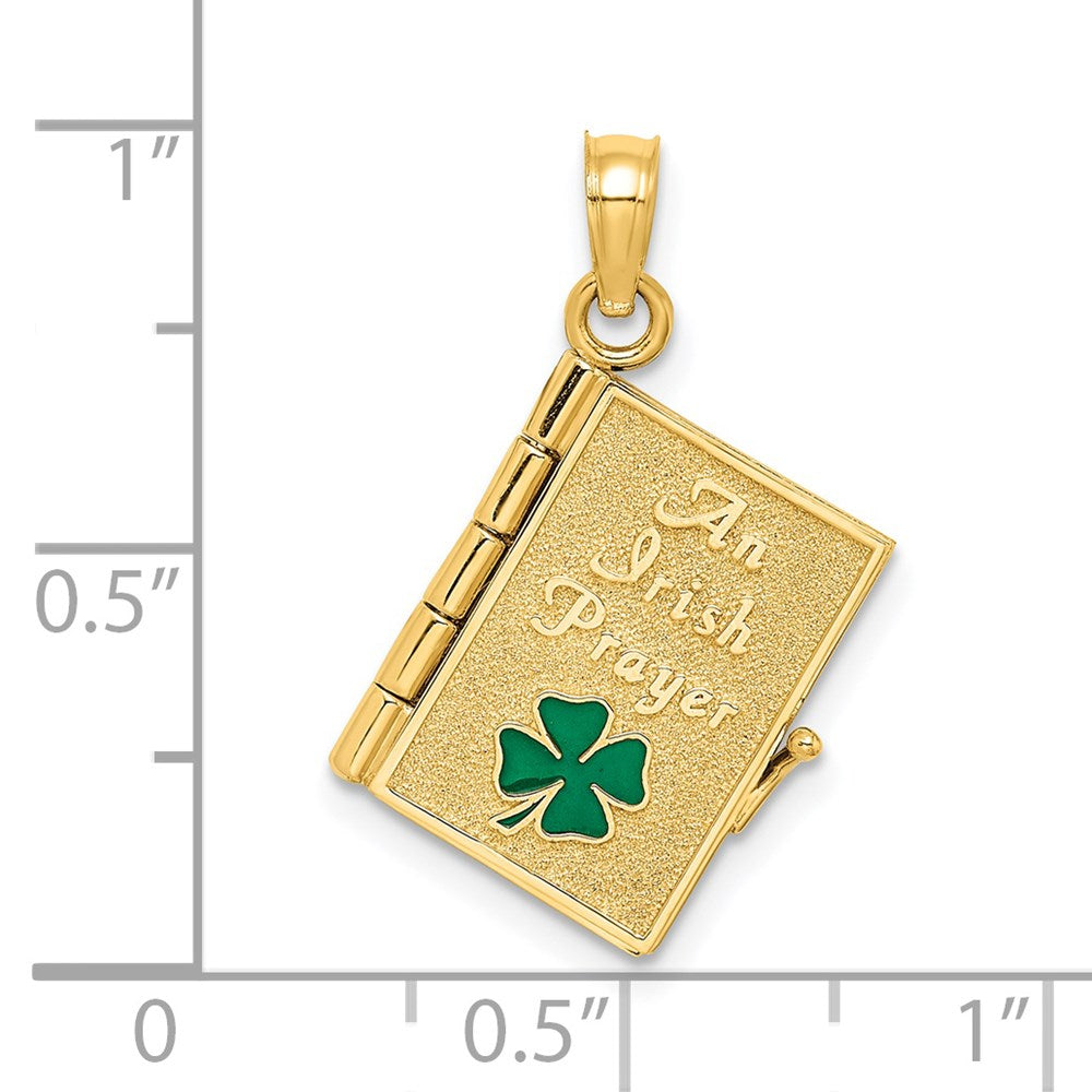 14k Yellow Gold 3-D Moveable Enameled AN IRISH PRAYER Book w/Clover Charm