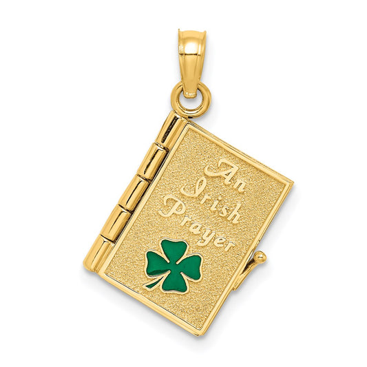 14k Yellow Gold 3-D Moveable Enameled AN IRISH PRAYER Book w/Clover Charm