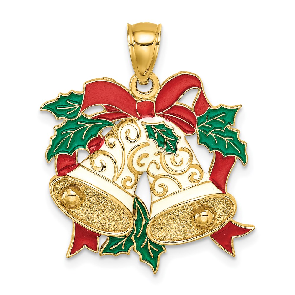 14k Yellow Gold Enamel Holiday Bells and Holly Charm